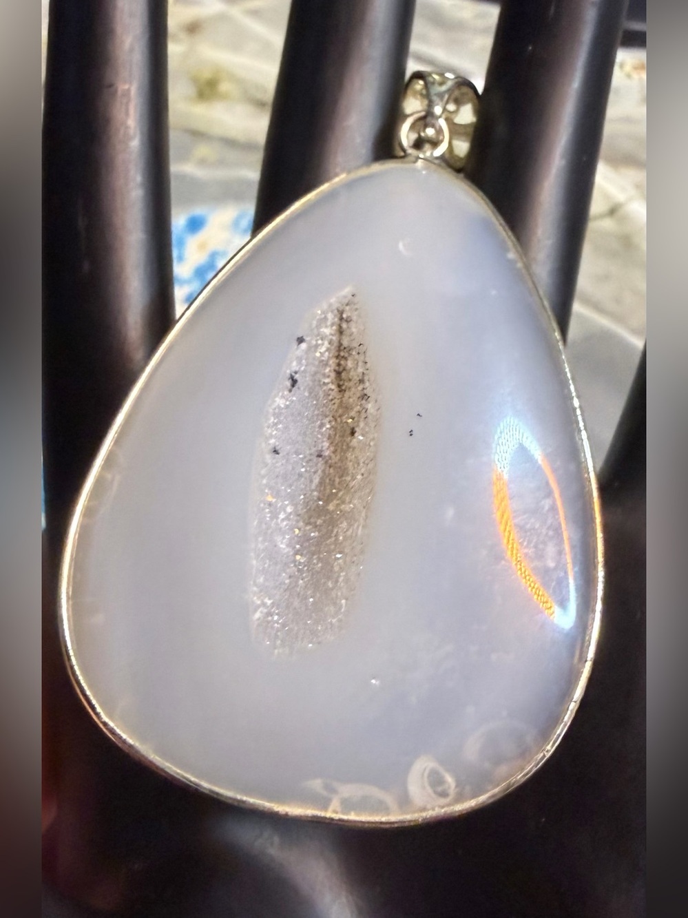 White Druzy Teardrop Pendant Necklace with 925 Sterling Silver Trim